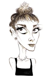 Audrey Hepburn (1929-1993), belgisch-amerikanische Schauspielerin, Farbkarikatur als Holly Golightly aus dem Film Frühstück bei Tiffany (1961, Regie: Blake Edwards)